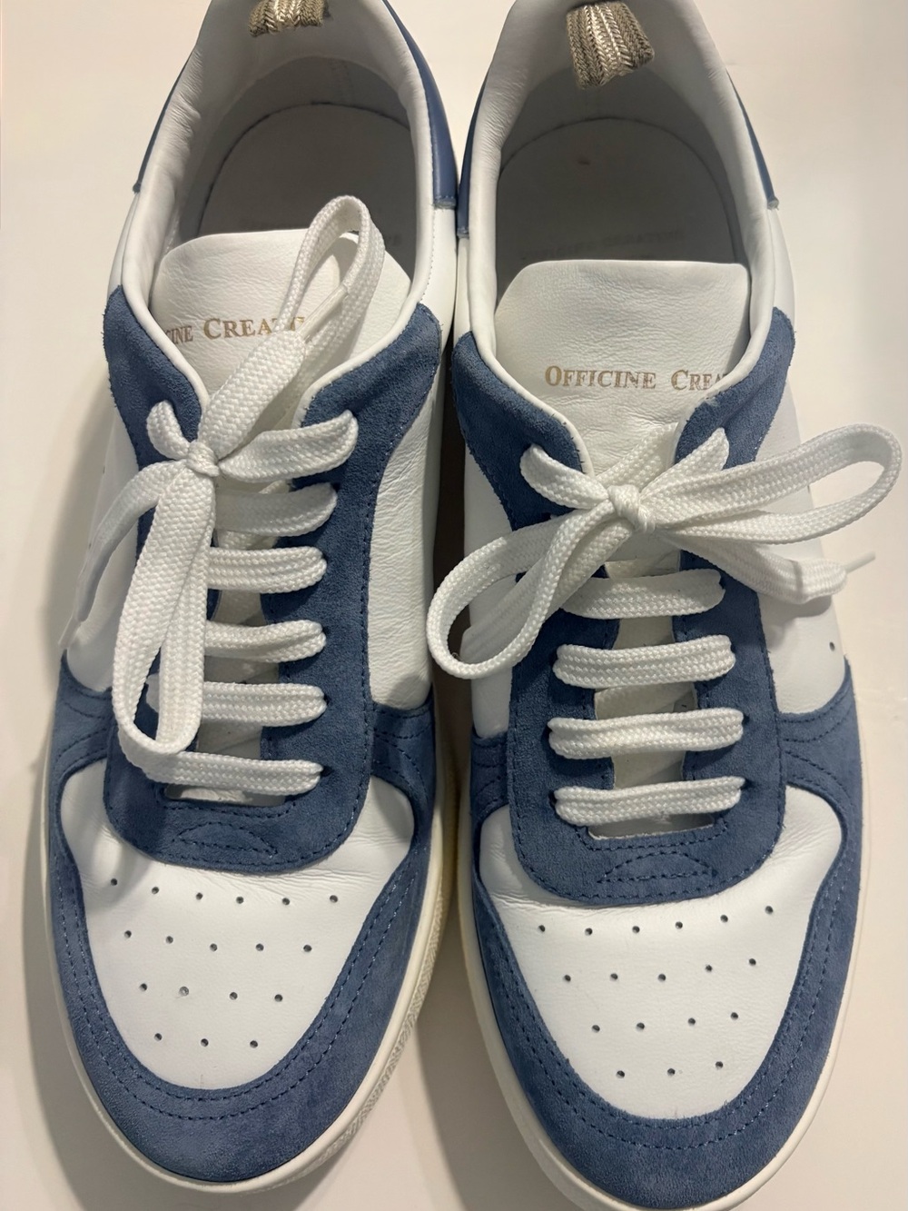 Officine Creative Mower 008 White and Blue Suede-Trim Sneakers